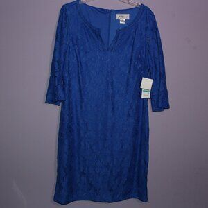 J Howard Blue Floral Lace Overlay Dress Size 16 V-Neck with Ruffled Sleeves